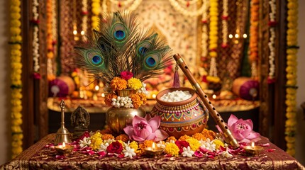 Fototapeta premium Traditional krishna flute and butter pot with festive decorations
