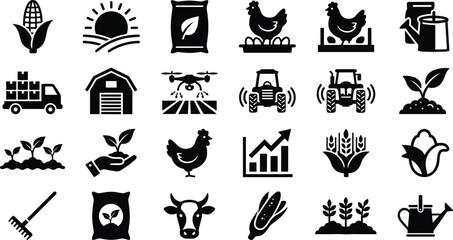 Obraz premium Black Glyph Agriculture and Farming Icon Set with Tractor, Drone, Barn, Crops, Chicken, Cow, and Watering Can on White Background Black Glyph Agriculture and Farming Icon Set with Tractor, Drone, Barn