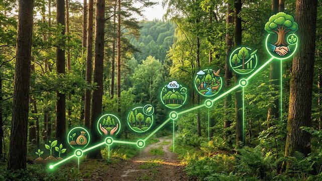 Conceptual 3D illustration of a rising green trend line graph with circular ecology icons in a lush dense forest background