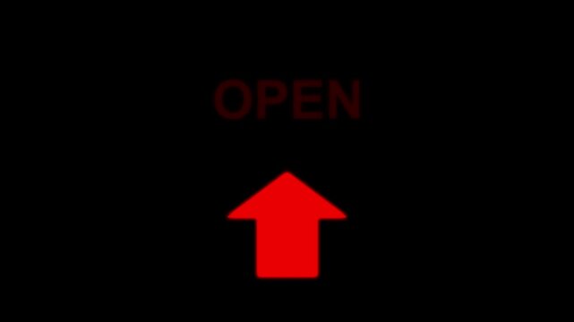 Glowing red open text concept with red upward pointing arrow on a dark black background user interface element.