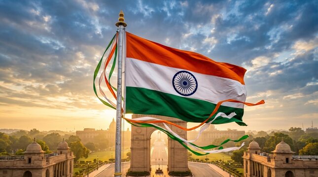 Indian national flag waving in front of the india gate at sunset