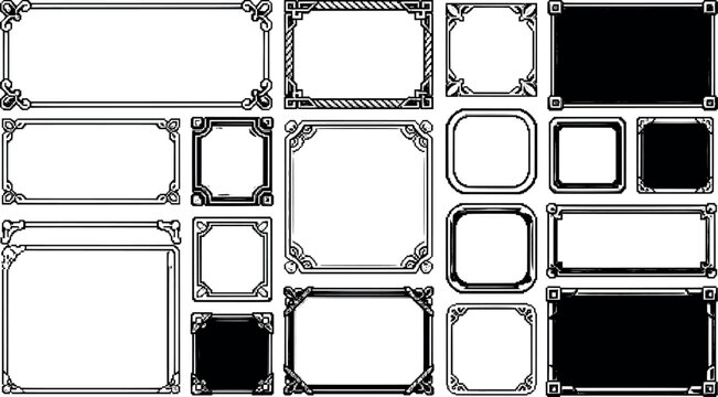 Set of vintage decorative frames and borders, handdrawn rectangular and square frames, collection of ornate design elements for invitations