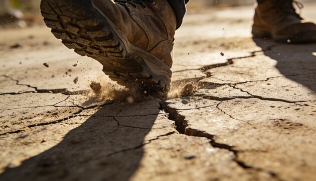 Stomping front brown leather boot pressing on cracked dry trail with dark pant leg, throwing dust