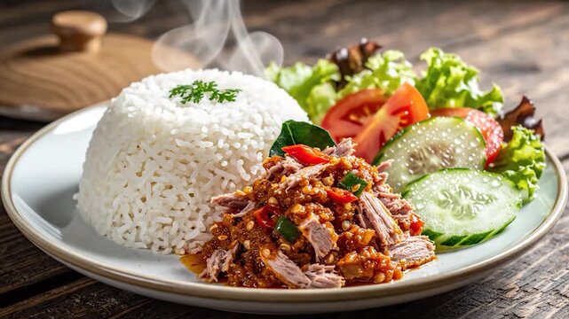 Steaming white rice served with spicy tuna and fresh salad