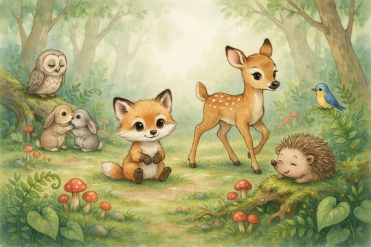 A charming scene featuring a baby fox, a fawn, a hedgehog, two rabbits, and an owl in a sunlit forest clearing with red mushrooms and green grass