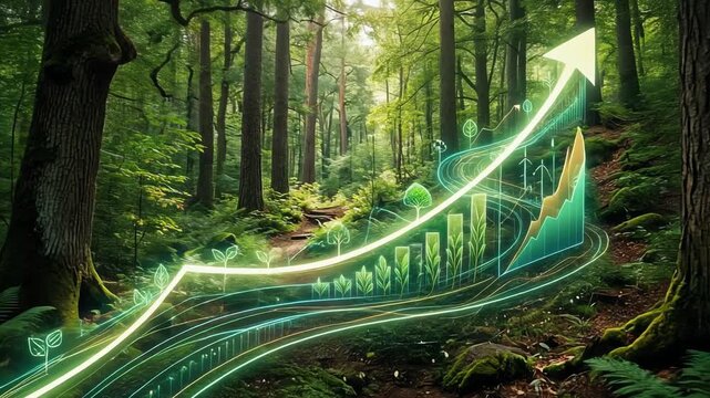 Conceptual 3D illustration of a winding green path turning into a rising upward arrow graph with bar charts and tree icons in a lush forest