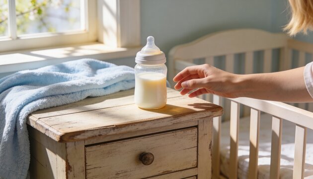 Reaching caregiver hand wearing white long sleeve toward clear baby bottle on nightstand in nursery