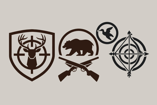 Vector set of hunting club emblems and logos featuring a deer, a bear with crossed rifles, a flying duck, and a bow.