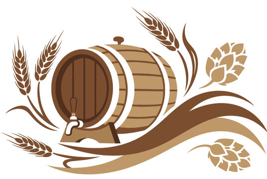 Traditional wooden beer barrel with a tap is decorated with ears of ripe wheat and organic green hops in brown tones.