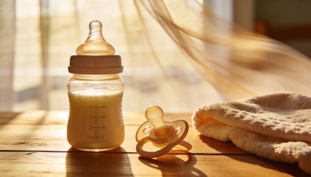 Showing clear plastic baby bottle resting on wood table near sunlit window, with pacifier and towel