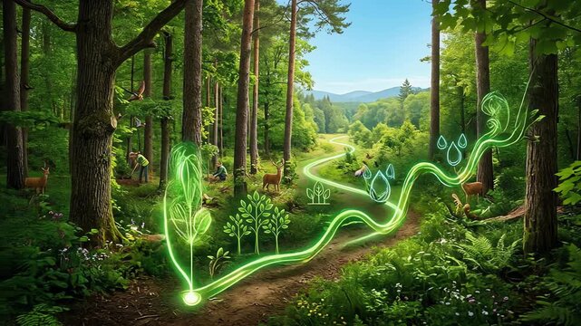 Conceptual 3D illustration of a rising glowing green trend line graph with ecology and investment icons following a forest path