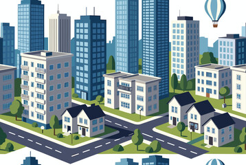 Fototapeta premium Colorful seamless urban cityscape features modern skyscrapers, residential houses, winding roads, and green trees.