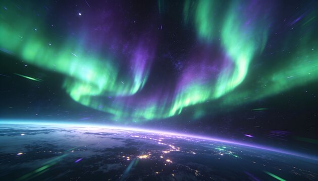 Arching green-purple aurora curtains above Earth horizon, showing limb glow, city lights, starfield