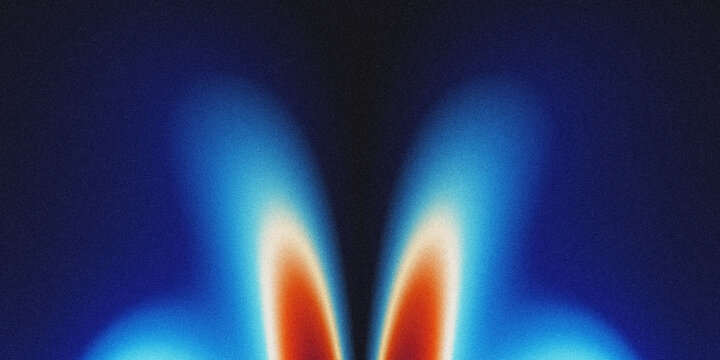 Vintage grain noise abstract backdrop, symmetrical dual wavy gradient flares. Deep navy-black outer layers fade to bright cyan blue, warm orange core glow. 