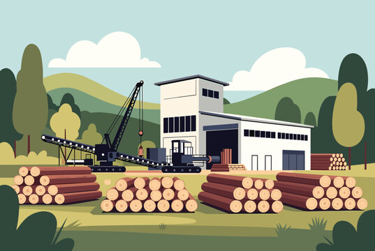 Modern flat illustration of an industrial sawmill yard with a crane processing and stacking large wooden logs.