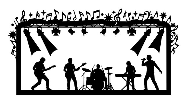 rock band silhouette performing on stage with musical notes border