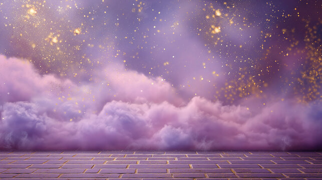 Abstract purple festive background with glowing golden sparkles, clouds and brick floor for product display