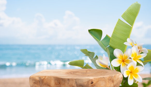 Wooden stump podium for presentation with beautiful orchid flower on blurred tropical sea beach background