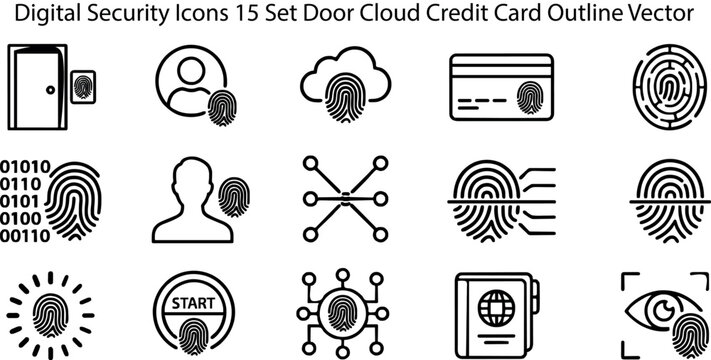 Fingerprint Biometric Digital Security Icons 15 Set Door Cloud Credit Card Binary Code Network Passport Eye Scan Outline Vector