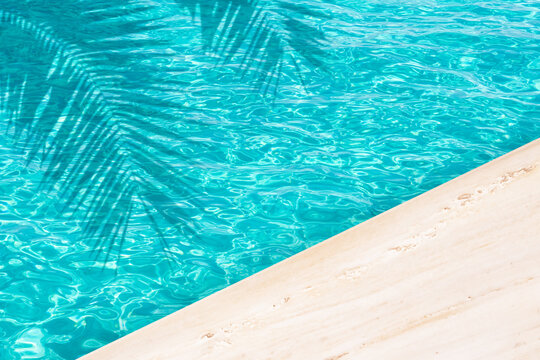 Tropical swimming pool blue water with palm leaf shadows and stone edge