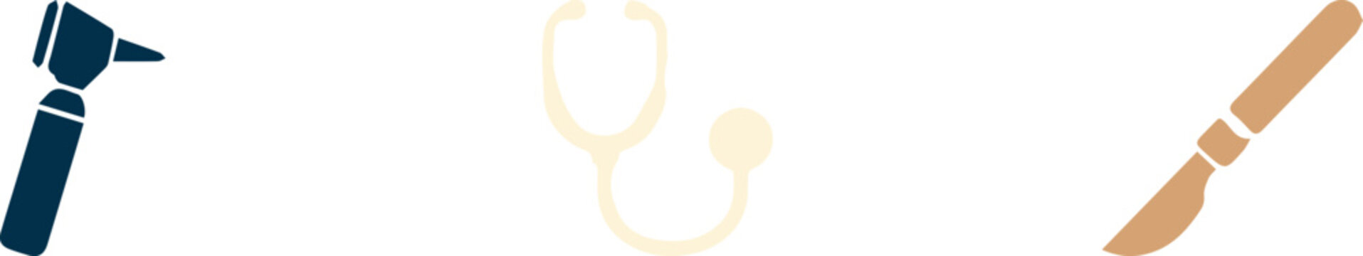 Medical equipment vector icons set, professional healthcare tools including otoscope and stethoscope, surgical scalpel blade for hospital clinic branding