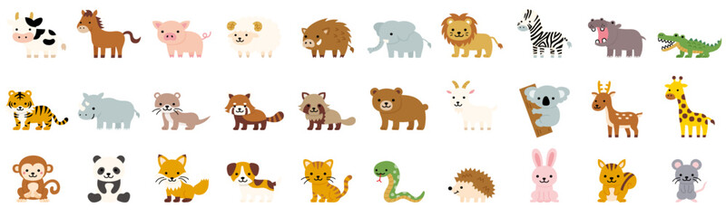 Fototapeta premium ポップでかわいい動物のイラストアイコンセット