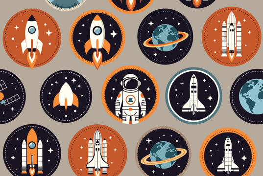 Creative seamless pattern features a collection of round retro badges depicting space shuttles, planets, and astronauts.