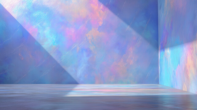 Abstract interior background with vibrant holographic light and colorful textured walls