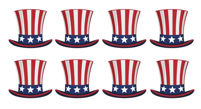 Patriotic Uncle Sam hat collection, 8 American flag top hats with red and white stripes, United States holiday vector icons for Fourth of July