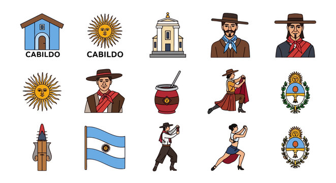 Argentina culture icons set, traditional gaucho and tango dancer illustrations, 15 colorful vector elements for South American travel and heritage