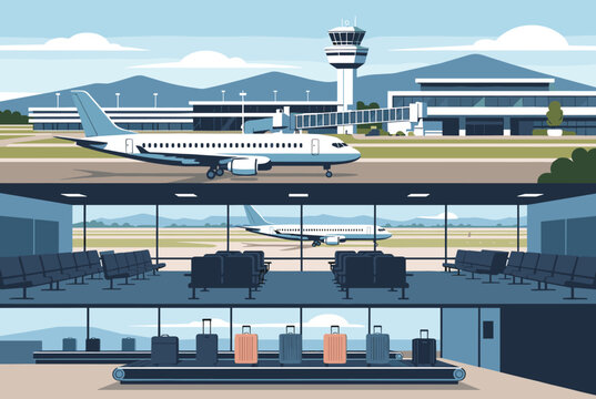 Three airport travel scenes displaying a plane on the runway, an empty waiting terminal, and a baggage reclaim conveyor belt.