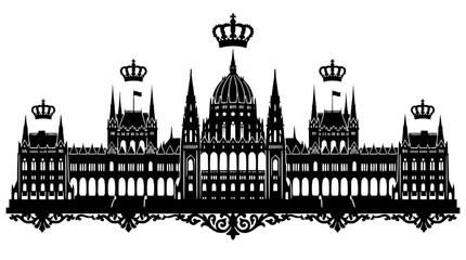 Fototapeta premium Black and white silhouette of Hungarian Parliament Building with crowns and floral ornament