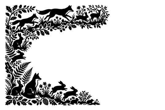 Forest Animals and Woodland Flora Silhouette Corner Border Illustration