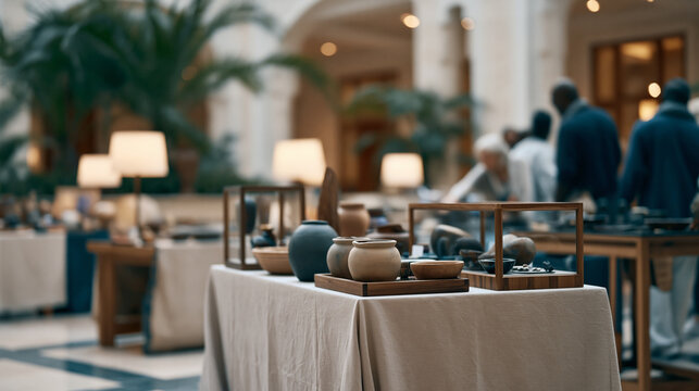 Luxury hotel lobby hosting a diaspora cultural fair, display tables carrying handmade objects from five continents arranged beneath a soaring atrium, multicultural group of