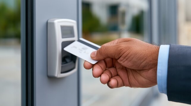 Security guard using access control card to enter a building, hand positioned near card reader on glass door with blurred outdoor environment visible in the background