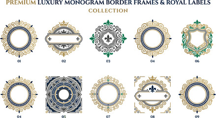 Premium Luxury Monogram Border Frames Set Featuring Elegant Royal Labels Gold Filigree Ornaments Fleur De Lis Emblems Vintage Badges and Decorative Wedding Vector Circular Elements © Icon Designs