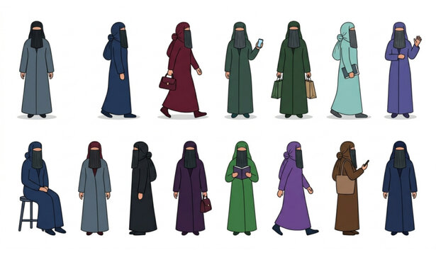 Woman Wearing Paranja Vector Icon Set with Islamic Modest Fashion Characters Isolated on White Background