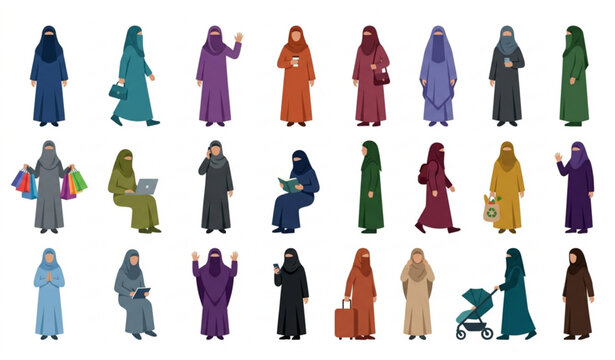 Modern Woman Wearing Paranja Icon Collection with Islamic Female Characters Vector Illustration