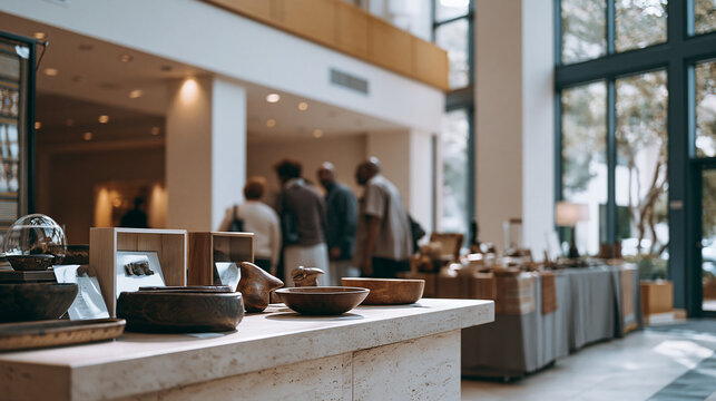 Luxury hotel lobby hosting a diaspora cultural fair, display tables carrying handmade objects from five continents arranged beneath a soaring atrium, multicultural group of