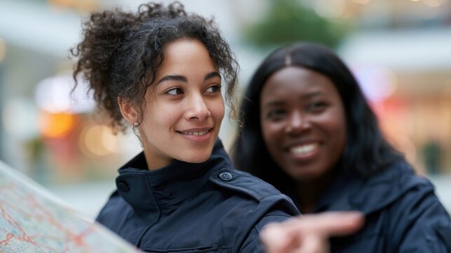 Two women examining a map indoors, one pointing while the other smiles, both wearing dark jackets in a modern shopping center with blurred background elements