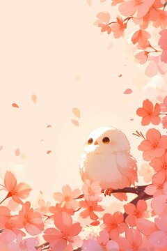 Cute owl perched on a blooming cherry branch with pink flower petals falling. Romantic spring illustration for greeting card, wedding invitation or nursery wall art decor design.