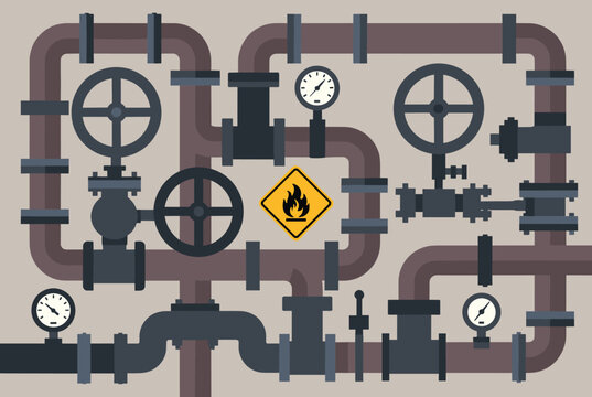 Industrial pipeline network layout featuring valves pressure gauges and a yellow flammable hazard warning sign.