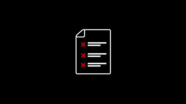 Document Checklist Icon Animation with Three Red Cross Error Marks Pop up Motion Loop on Plain Isolated Black Background for Total Failure and Audit Report Rejection.