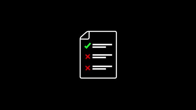 Document Checklist Icon Animation with Red Cross Error Marks and Text Lines Pop up Motion Loop on Plain Isolated Black Background for Task Failure and Audit Report Presentation.