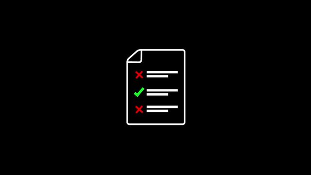 Document Checklist Icon Animation with Mixed Green Tick and Red Cross Error Marks Pop up Motion Loop on Plain Isolated Black Background for Mixed Results and Audit Report Presentation.