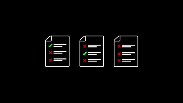 Three Document Checklist Comparison Icon Animation with Mixed Green Ticks and Red Cross Marks Pop up Motion Loop on Plain Isolated Black Background for Financial Audit, Project Assessment Presentation