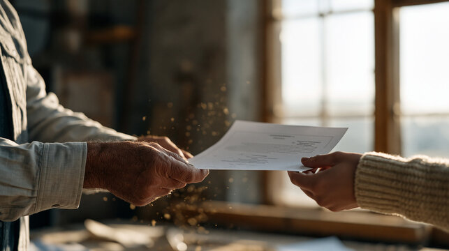 An intergenerational pair of hands&mdash;one weathered, one young&mdash;hold opposite ends of a freshly printed patent certificate in front of a sunlit workshop window, sawdust motes drifting
