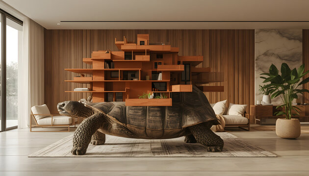 large tortoise carrying miniature house structure on shell in modern minimalist living room surreal conceptual metaphor for real estate and moving home