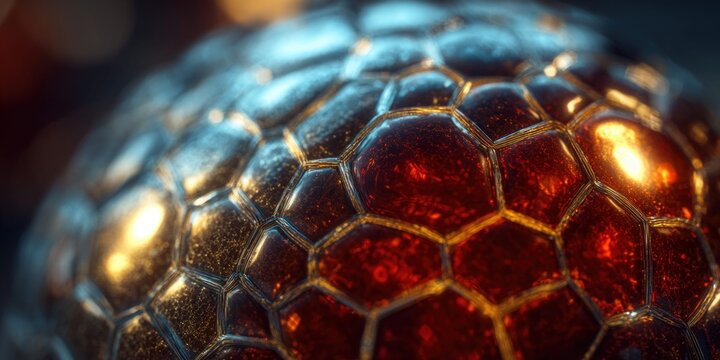 Extreme macro view of iridescent hexagonal cells with glowing embers inside