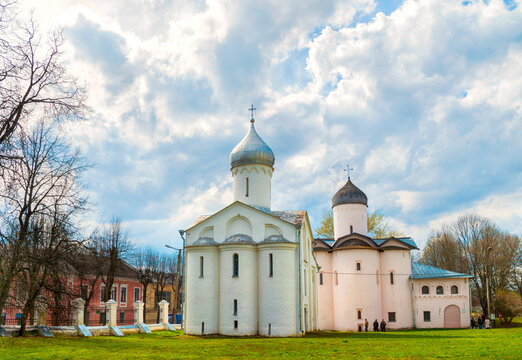 Veliky Novgorod, Russia. Churches of St Procopius and Wives the Myrrh bearers at the Yaroslav's Courtyard in spring day, travel landscape